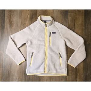 Patagonia Youth Retro Pile Fleece Sherpa Cream Yellow Trim Full Zip Jacket Sz XL